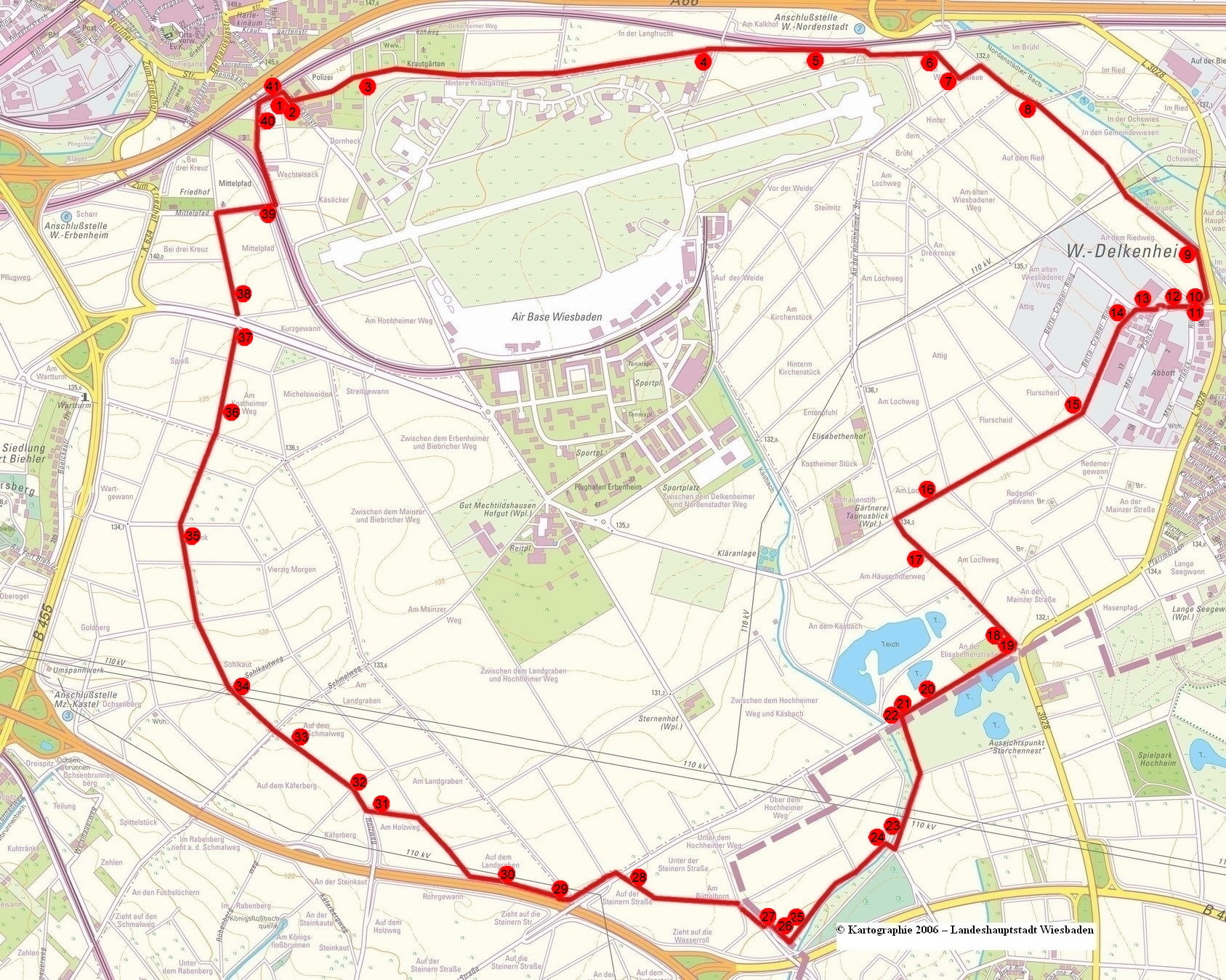 � Kartographie 2006 - Landeshauptstadt Wiesbaden; Rundweg f�r Inliner/Skater/Radler um die Dom�ne Mechtildshausen.