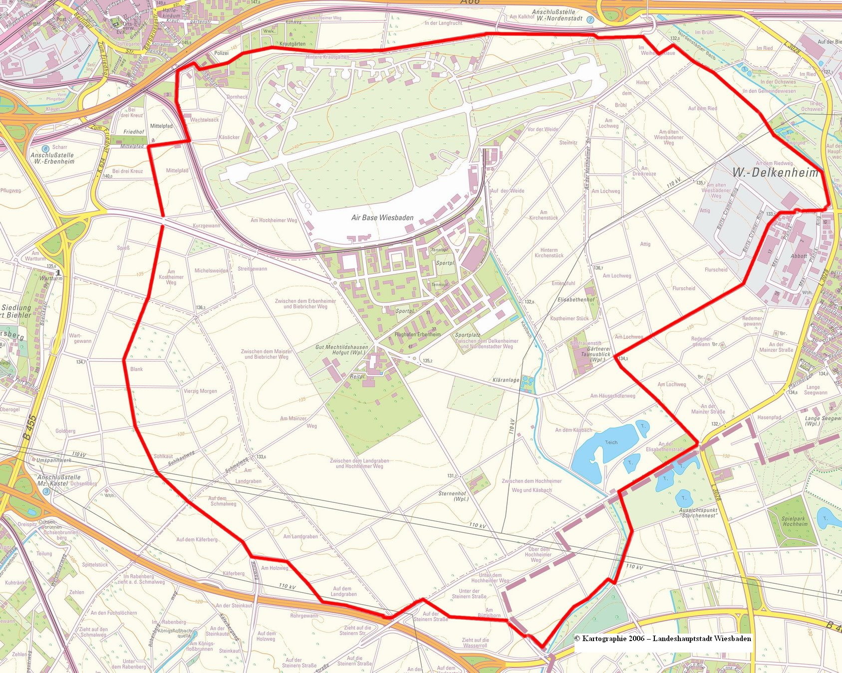 � Kartographie 2006 - Landeshauptstadt Wiesbaden -  Rundweg f�r Inliner/Skater/Radler um die Dom�ne Mechtildshausen.